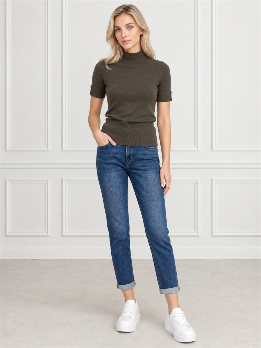 Sweter półgolf dzianinowy z krótkim rękawem Khaki - J232242