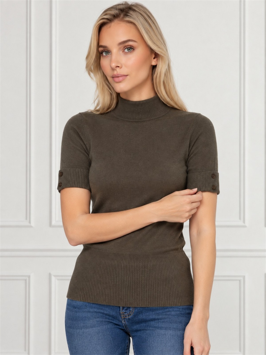 Sweter półgolf dzianinowy z krótkim rękawem Khaki - J232242