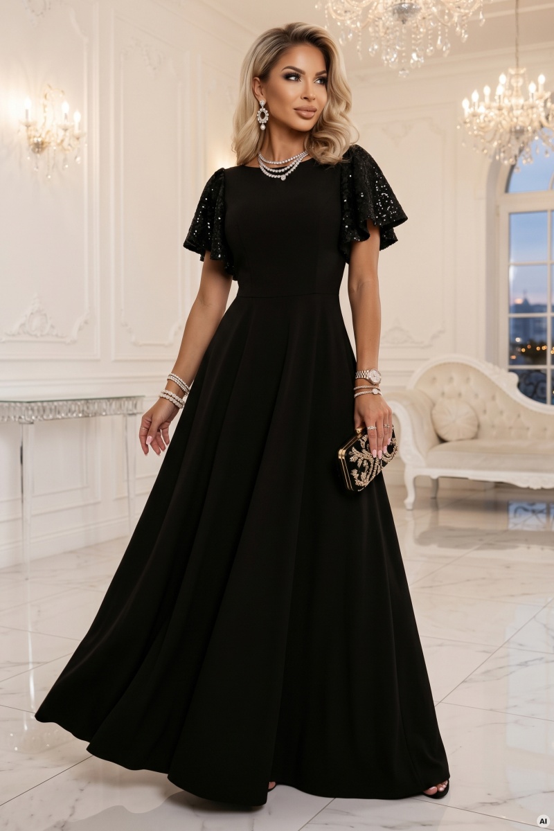 694-1 MIRELLA Elegancka rozkloszowana sukienka maxi z cekinowymi rękawkami - czarna-1 68721 