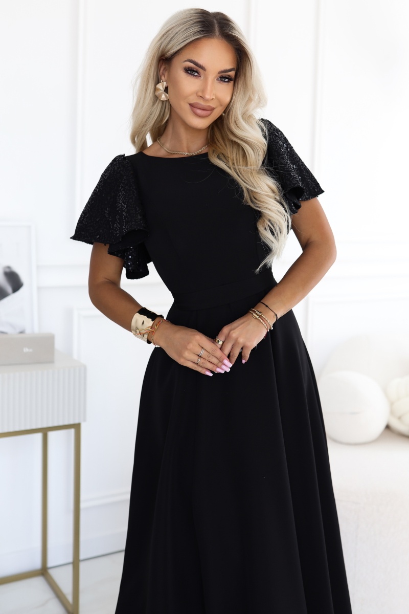 694-1 MIRELLA Elegancka rozkloszowana sukienka maxi z cekinowymi rękawkami - czarna-2 68721 