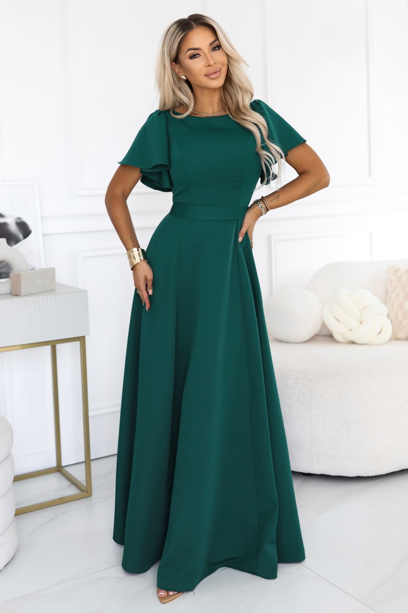 694-5 MIRELLA Rozkloszowana sukienka maxi z krótkim rękawkiem - butelkowa zieleń-2 68723 