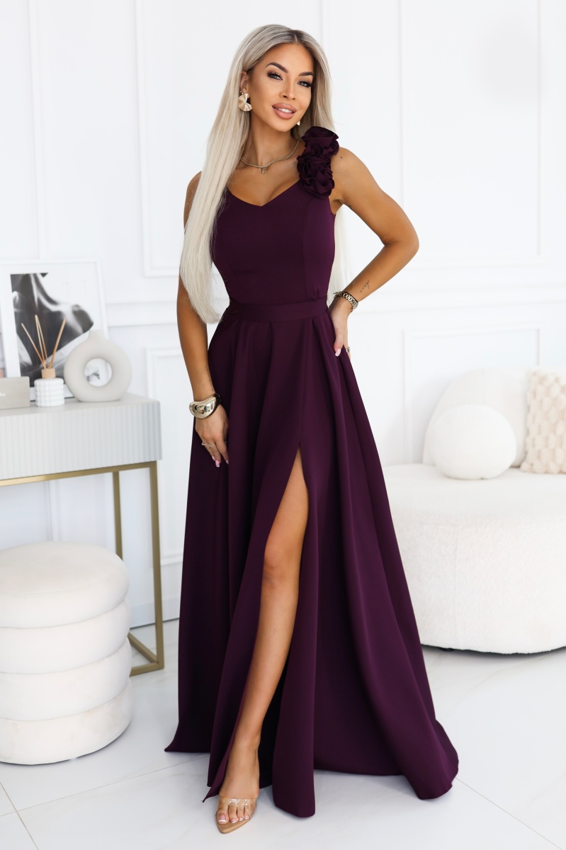 643-11 Elegancka wieczorowa suknia maxi z rozcięciem i różami - dojrzała śliwka-1 68731 