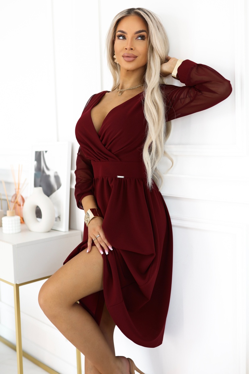 657-3 Elegancka sukienka midi z kopertowym dekoltem i tiulowymi rękawami - bordowa-1 68802 