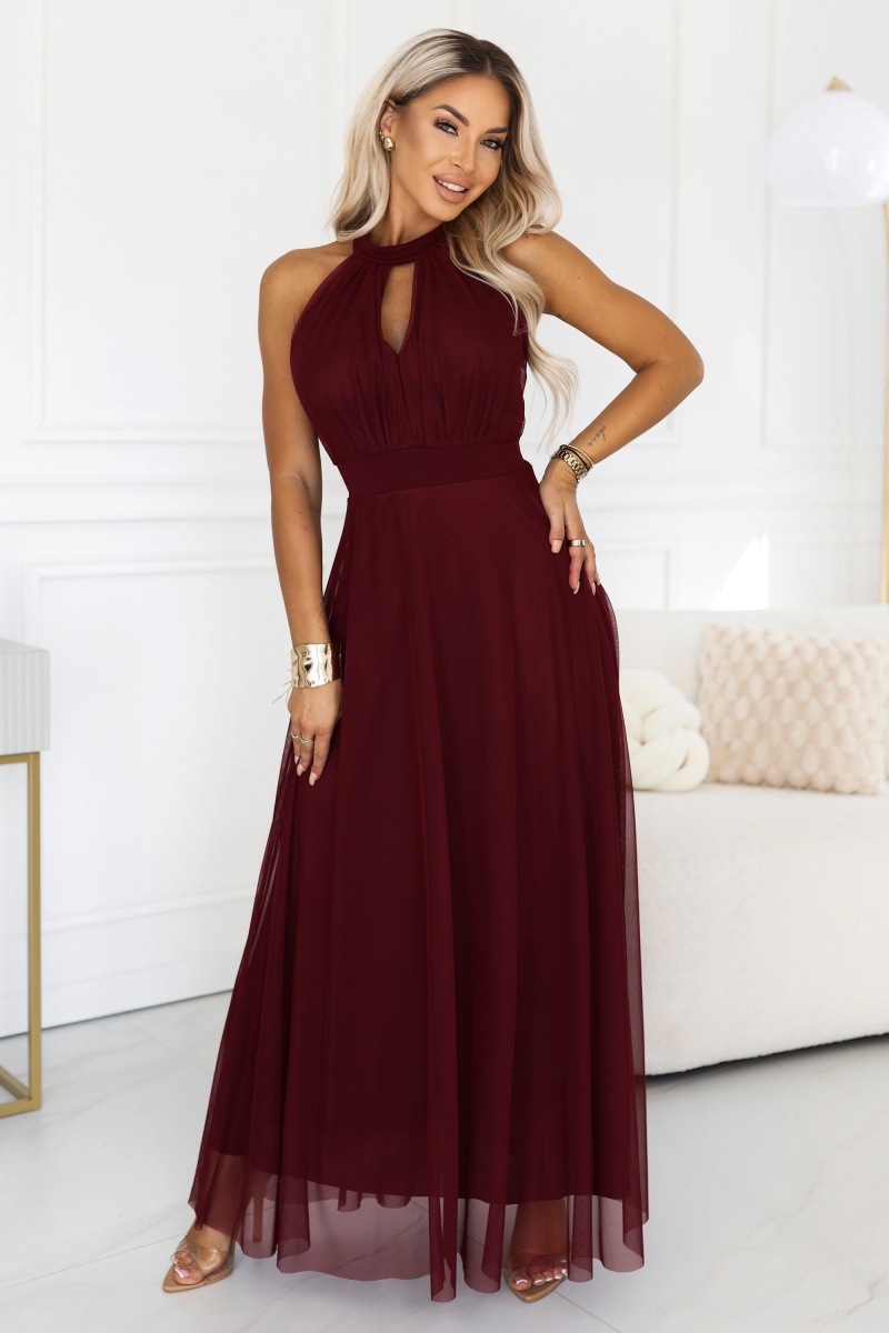 662-5 Elegancka sukienka wieczorowa maxi halter z tiulem i wiązaniem w talii - bordowa-1 68817 