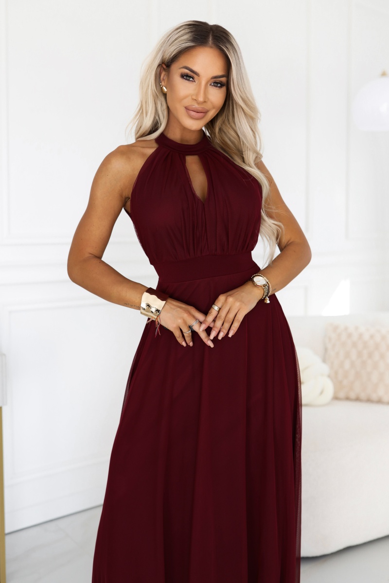 662-5 Elegancka sukienka wieczorowa maxi halter z tiulem i wiązaniem w talii - bordowa-2 68817 