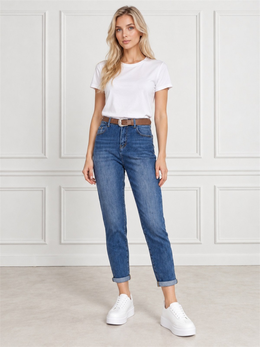 Spodnie jeans damskie M.Sara Boyfriend wysoki stan Niebieskie - J262330