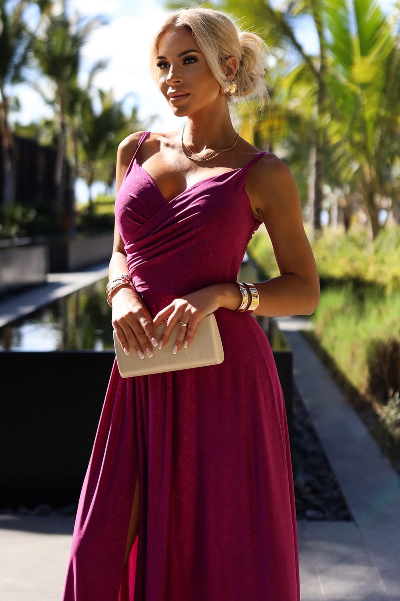 58542299-19 CHIARA elegancka maxi długa suknia na ramiączkach - FUKSJA Z BROKATEM-2