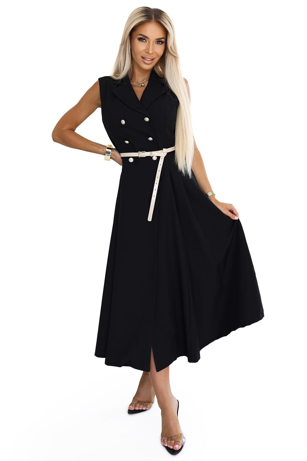 67547596-3 Elegancka szmizjerka midi ze złotymi guzikami i paskiem - CZARNA-7