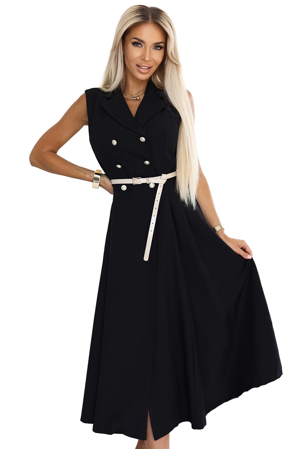 67547596-3 Elegancka szmizjerka midi ze złotymi guzikami i paskiem - CZARNA-8
