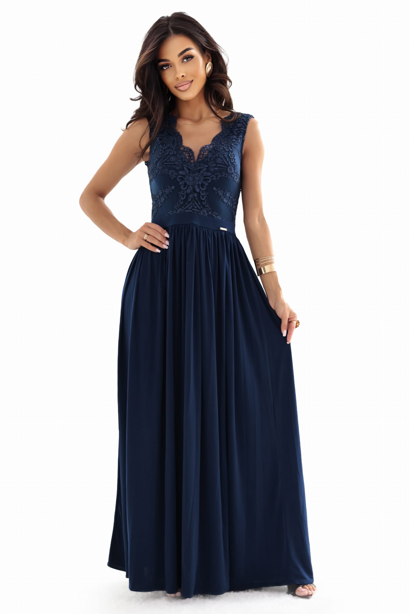 67657215-6 LEA długa elegancka suknia maxi z koronkową górą i rozcięciem na nodze - granatowa-10