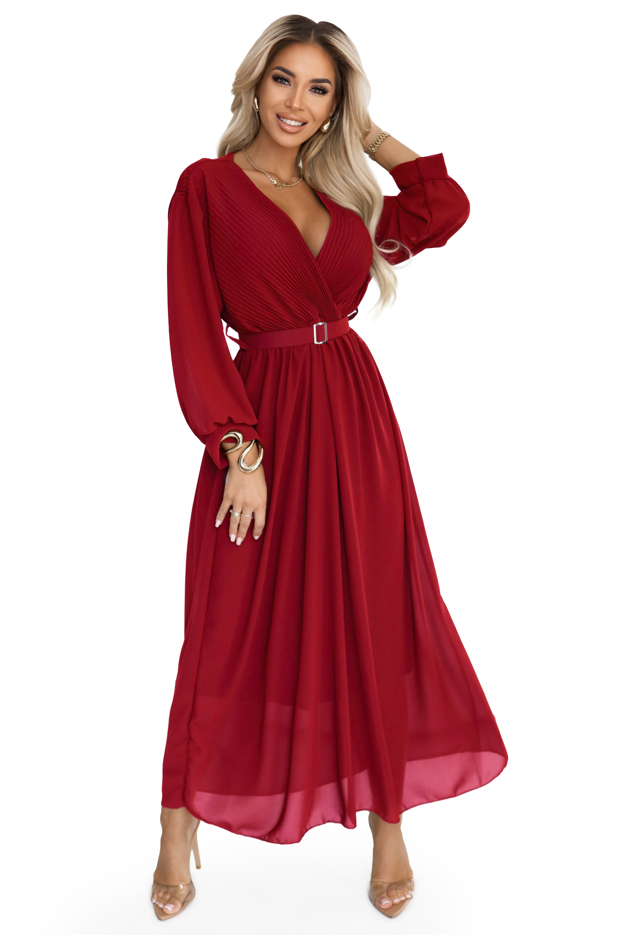 67905639-1 Elegancka plisowana sukienka maxi z paskiem i kopertowym dekoltem - bordowa-8