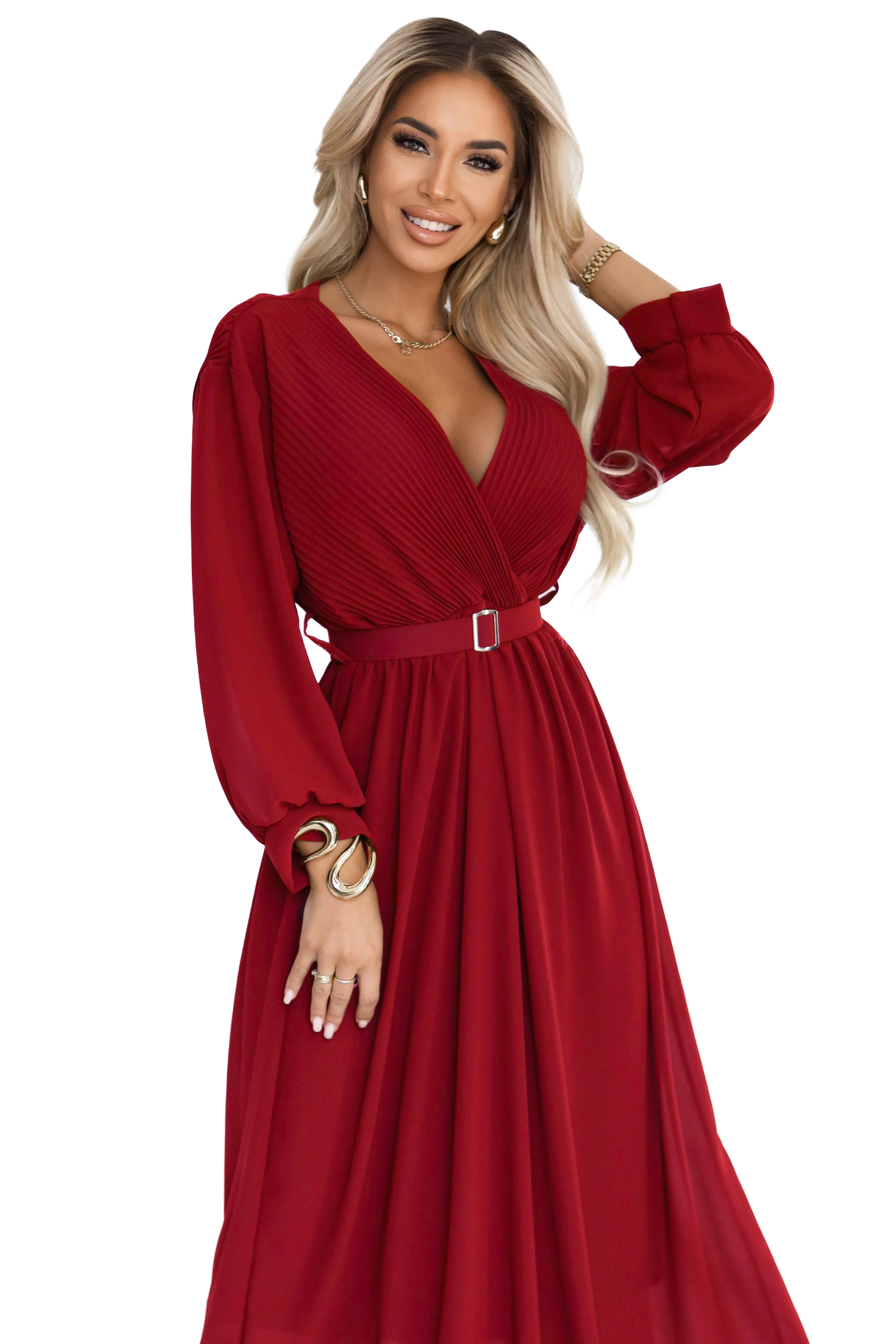 67905639-1 Elegancka plisowana sukienka maxi z paskiem i kopertowym dekoltem - bordowa-9
