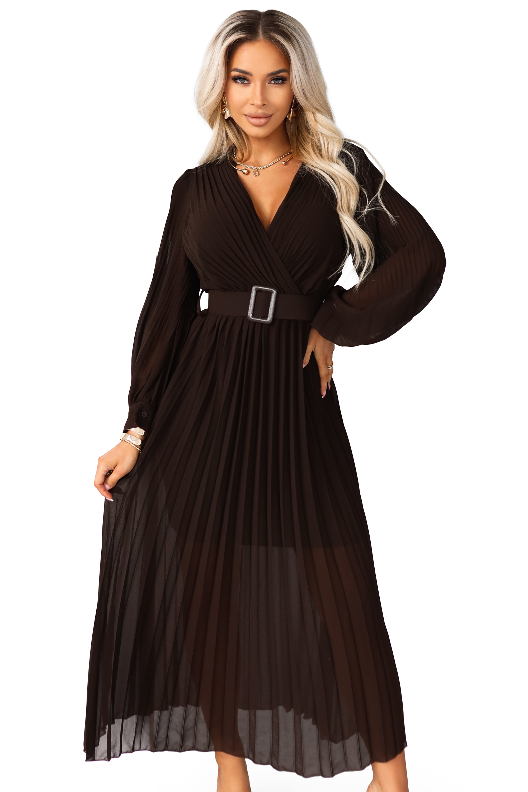68012414-11 KLARA plisowana elegancka sukienka midi z paskiem i dekoltem - czekoladowa-8