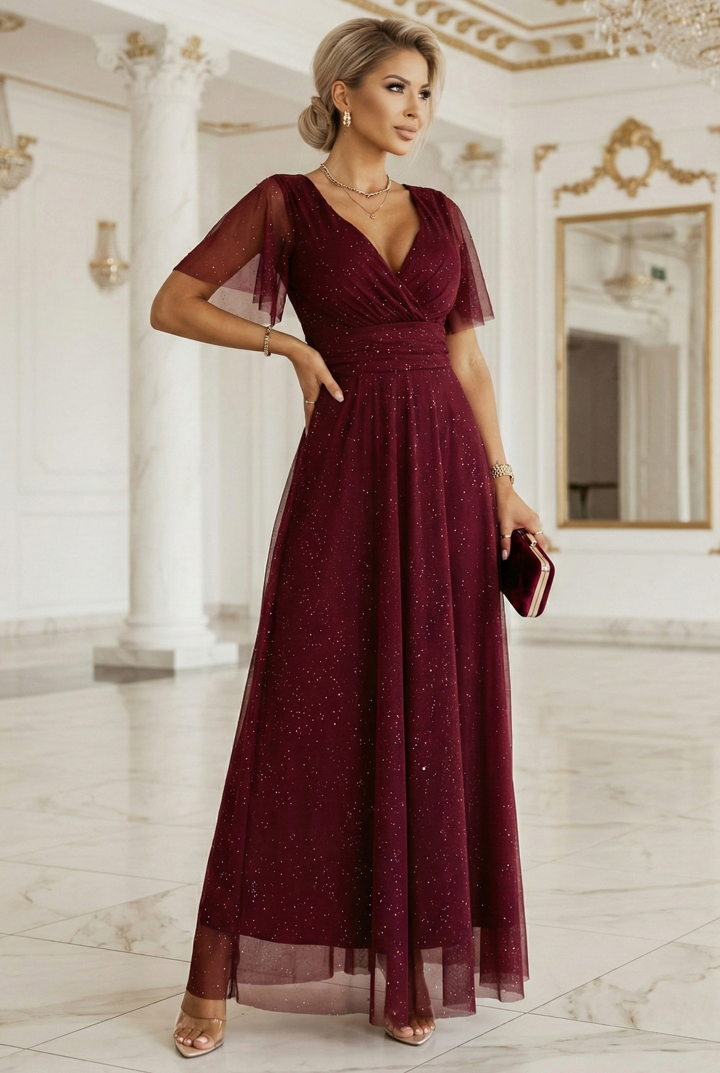 68021635-5 MELANIA długa błyszcząca suknia z dekoltem i krótkim rękawkiem - bordowa-1