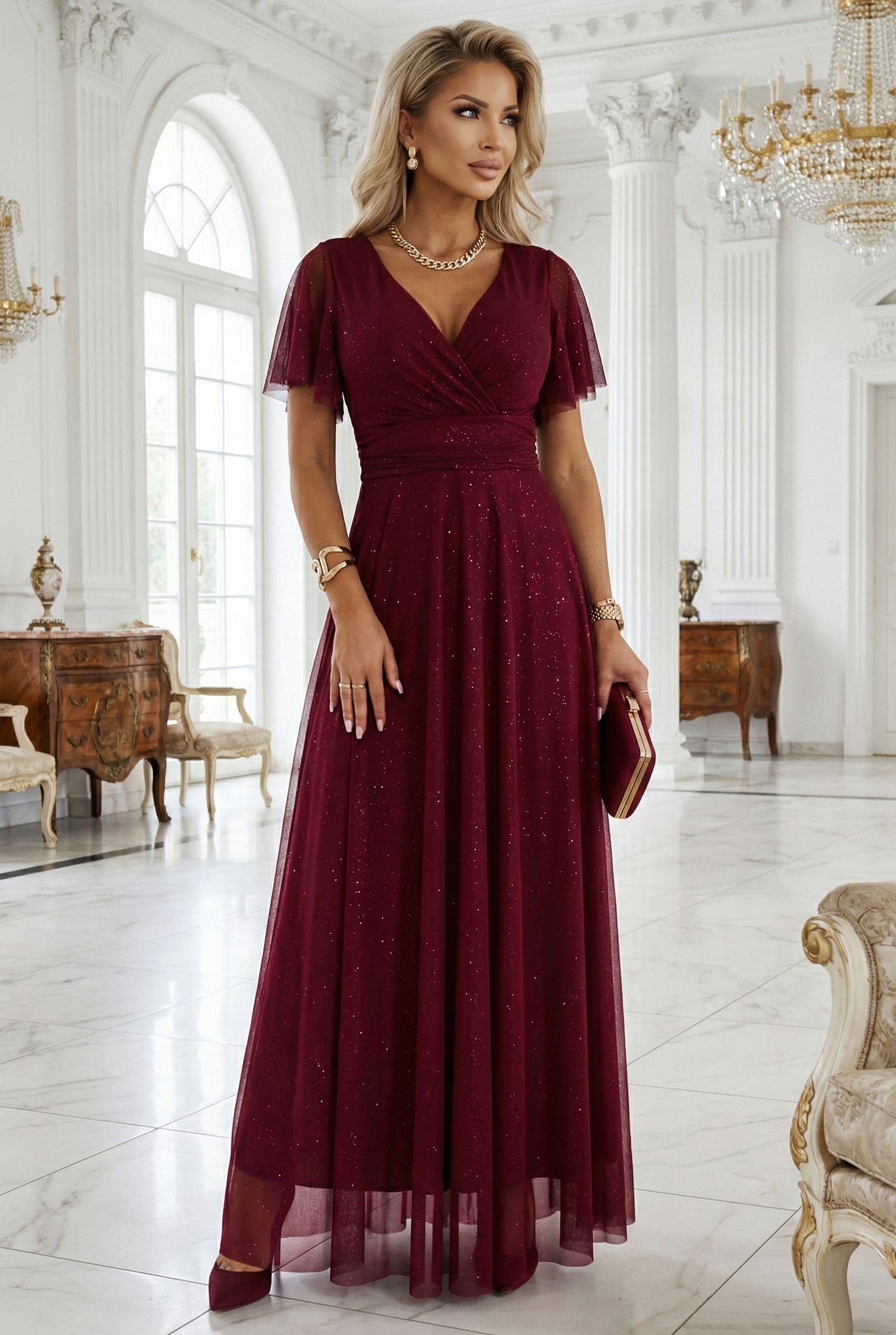 68021635-5 MELANIA długa błyszcząca suknia z dekoltem i krótkim rękawkiem - bordowa-6