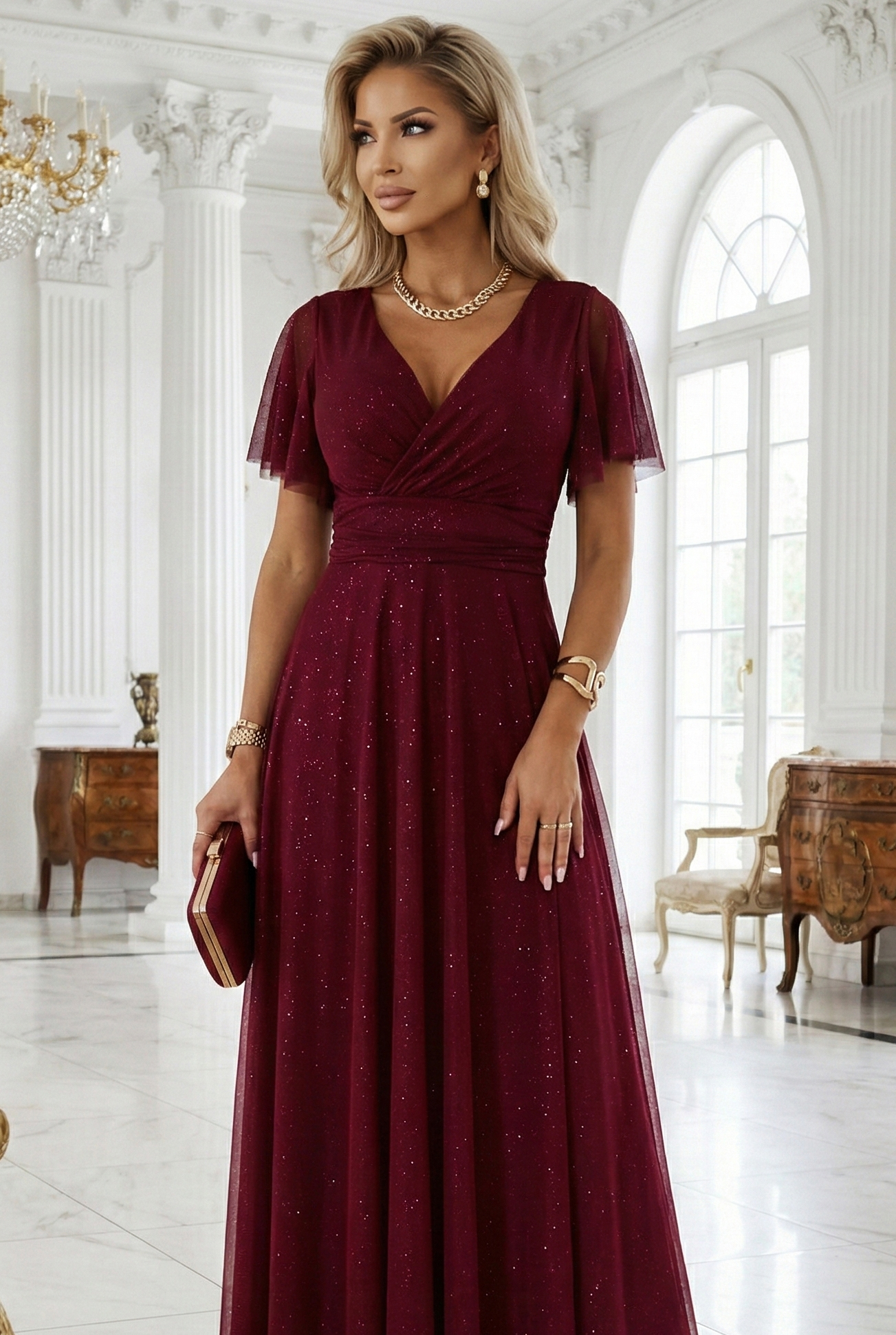 68021635-5 MELANIA długa błyszcząca suknia z dekoltem i krótkim rękawkiem - bordowa-8
