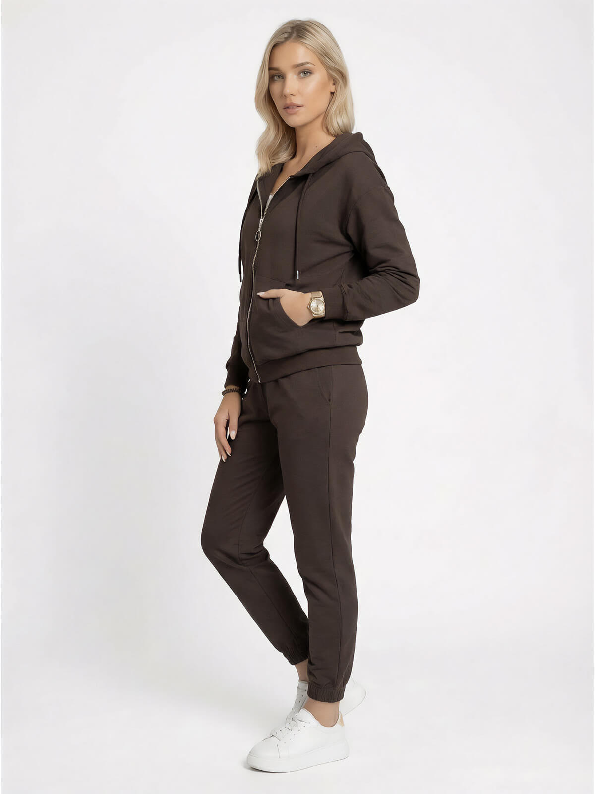 Bluza damska Megi kangurka rozpinana z kapturem Czekoladowa - W230045 (2).jpg