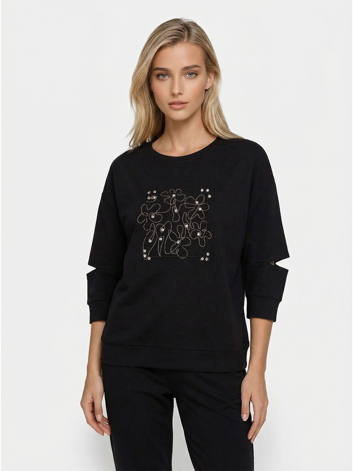Bluza Megi z haftem i dżetami rękaw 34 Czarna - J252478 (2).jpg