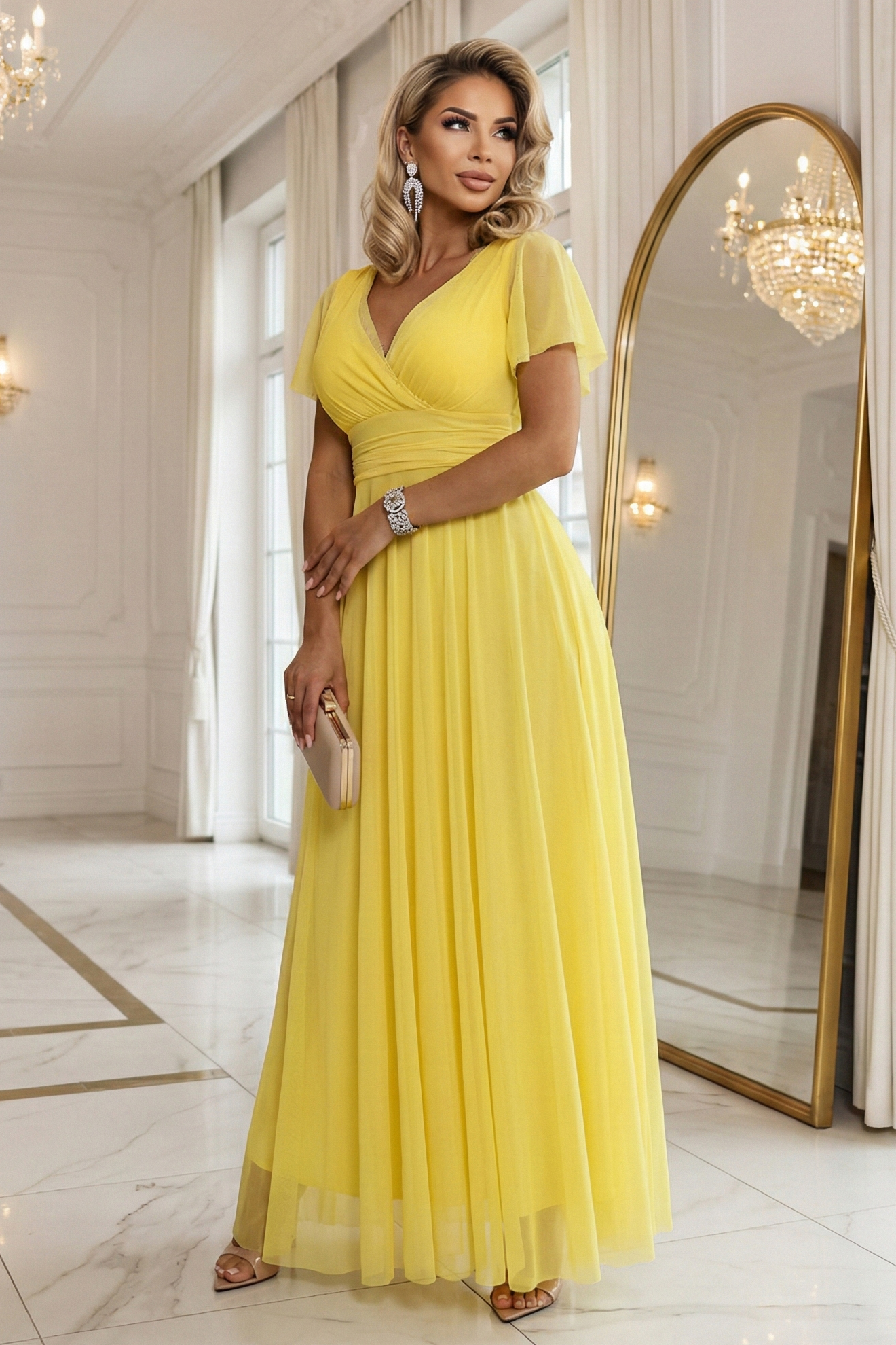 68107562-8 NASTIA Długa sukienka z dekoltem, wiązaniem i krótkim rękawkiem - cytrynowe limoncello-1