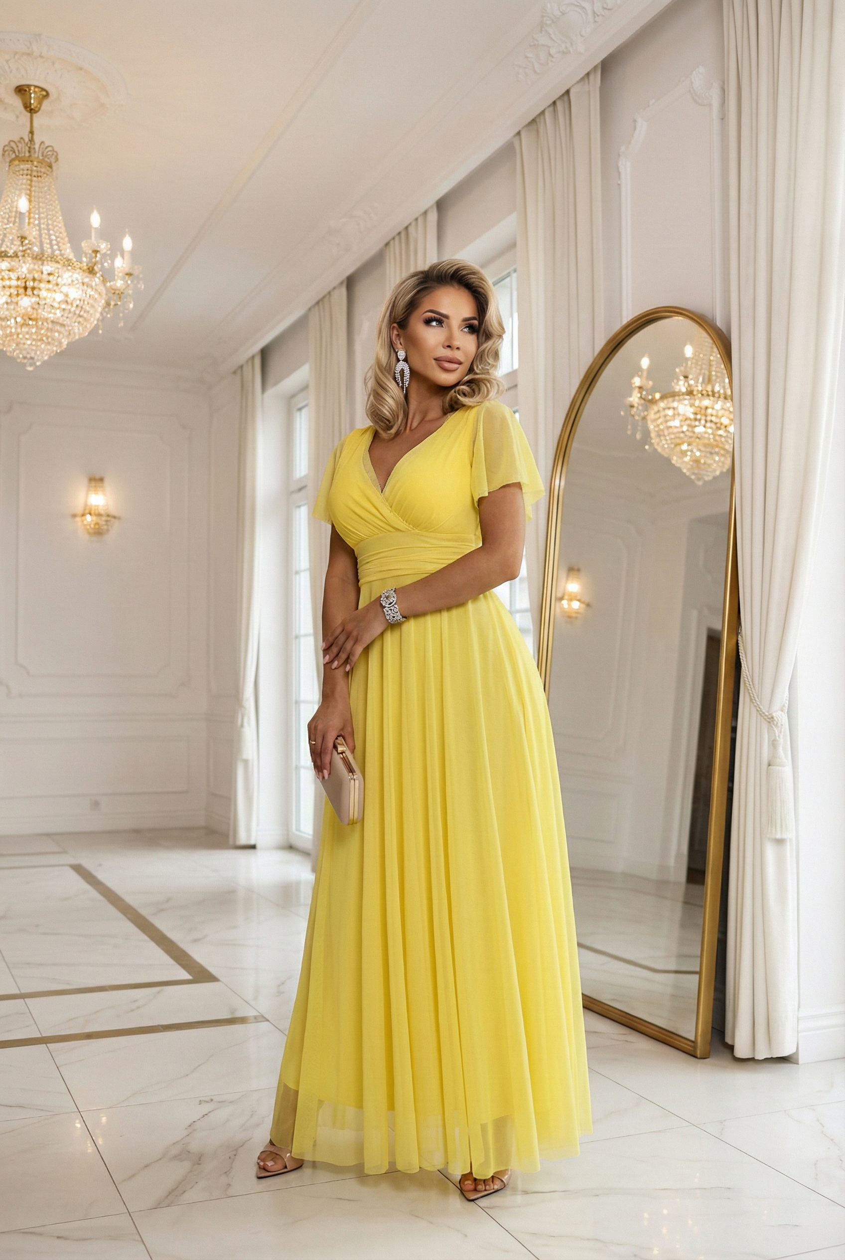 68107562-8 NASTIA Długa sukienka z dekoltem, wiązaniem i krótkim rękawkiem - cytrynowe limoncello-7