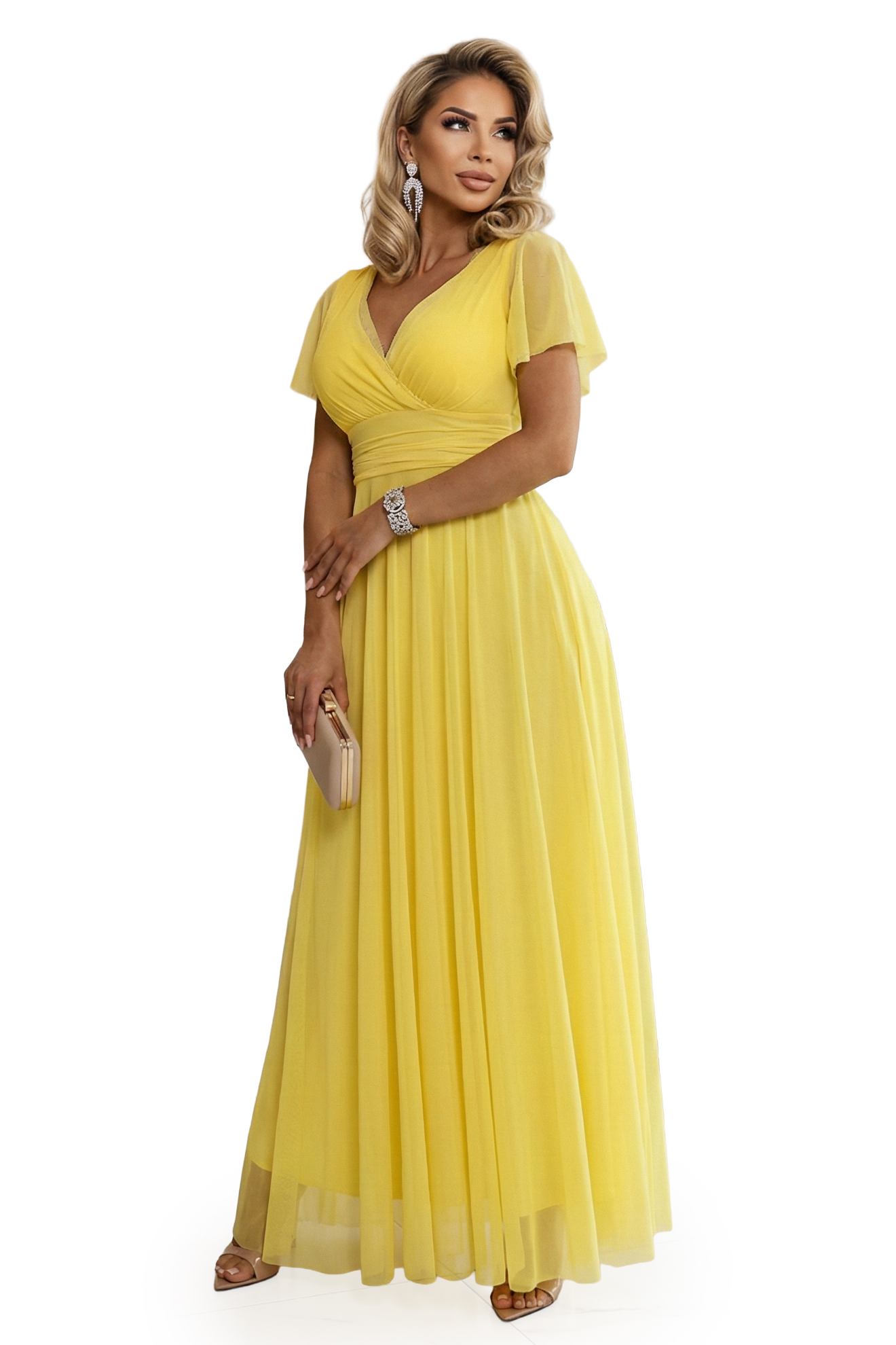 68107562-8 NASTIA Długa sukienka z dekoltem, wiązaniem i krótkim rękawkiem - cytrynowe limoncello-9