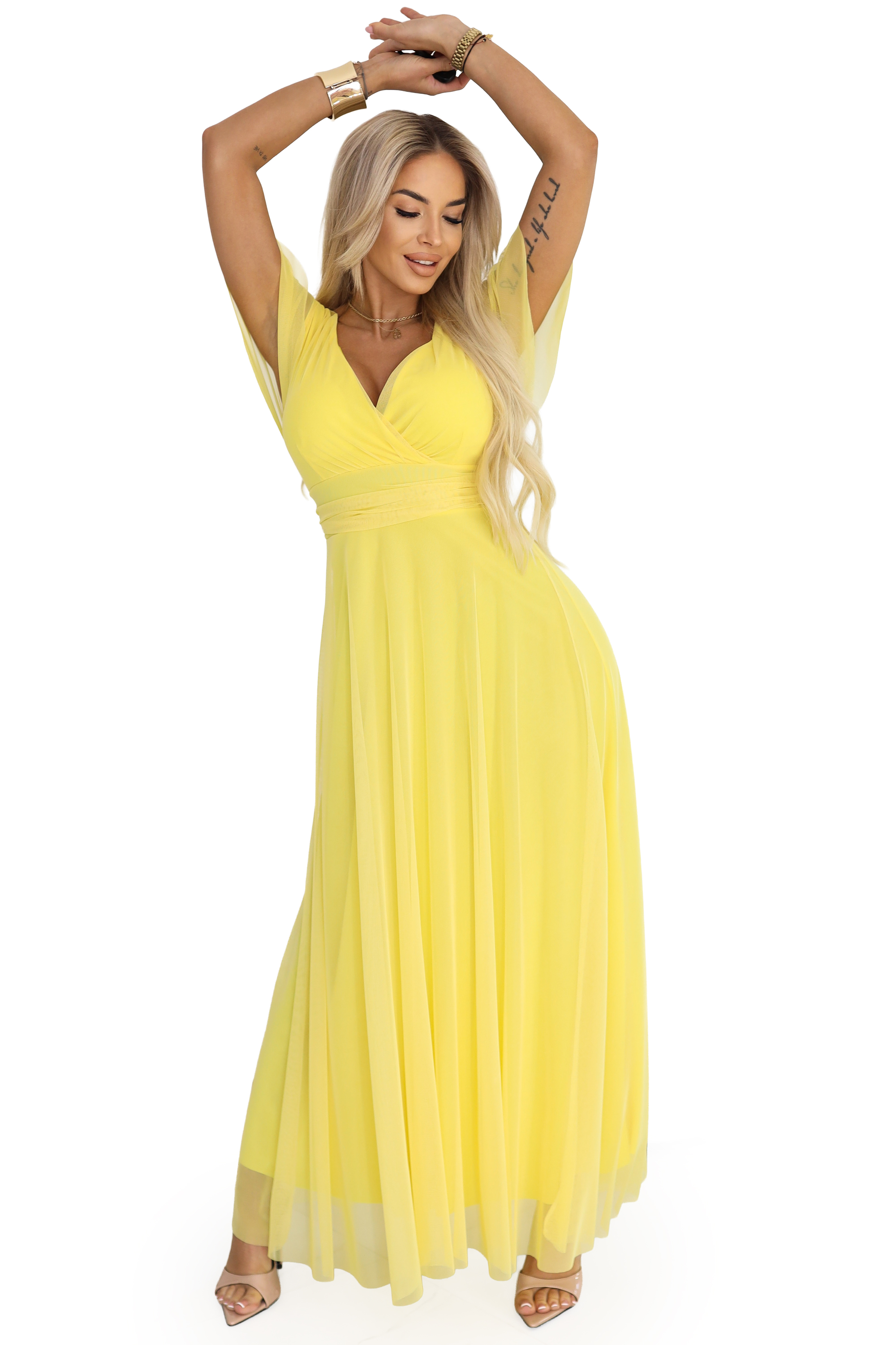 68107562-8 NASTIA Długa sukienka z dekoltem, wiązaniem i krótkim rękawkiem - cytrynowe limoncello-10