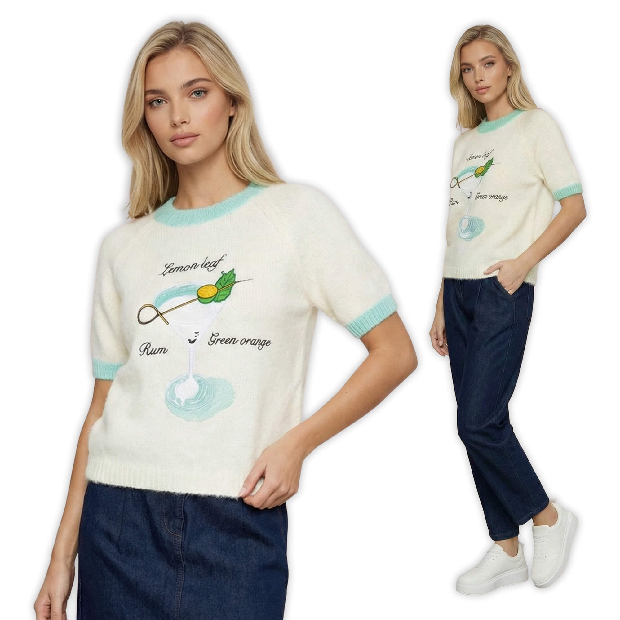 Sweter damski na krótki rękaw z aplikacją na przedzie Ecru - W260219 (7).jpg