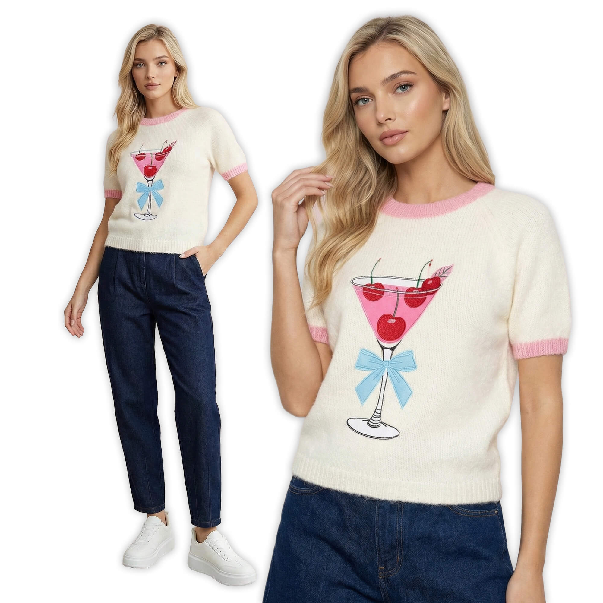 Sweter damski na krótki rękaw z aplikacją na przedzie Ecru - W260217 (7).jpg