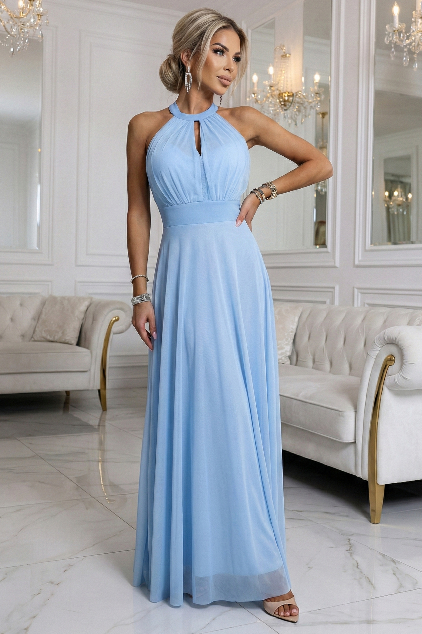 68144662-1 Elegancka sukienka wieczorowa maxi halter z tiulem i wiązaniem w talii - błękitna-1