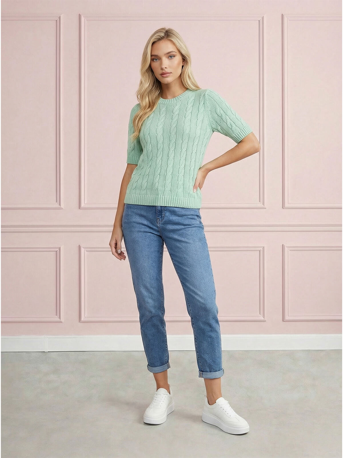 Sweter damski warkocz z krótkim rękawem, bawełniany Miętowy - W260291 (1).jpg