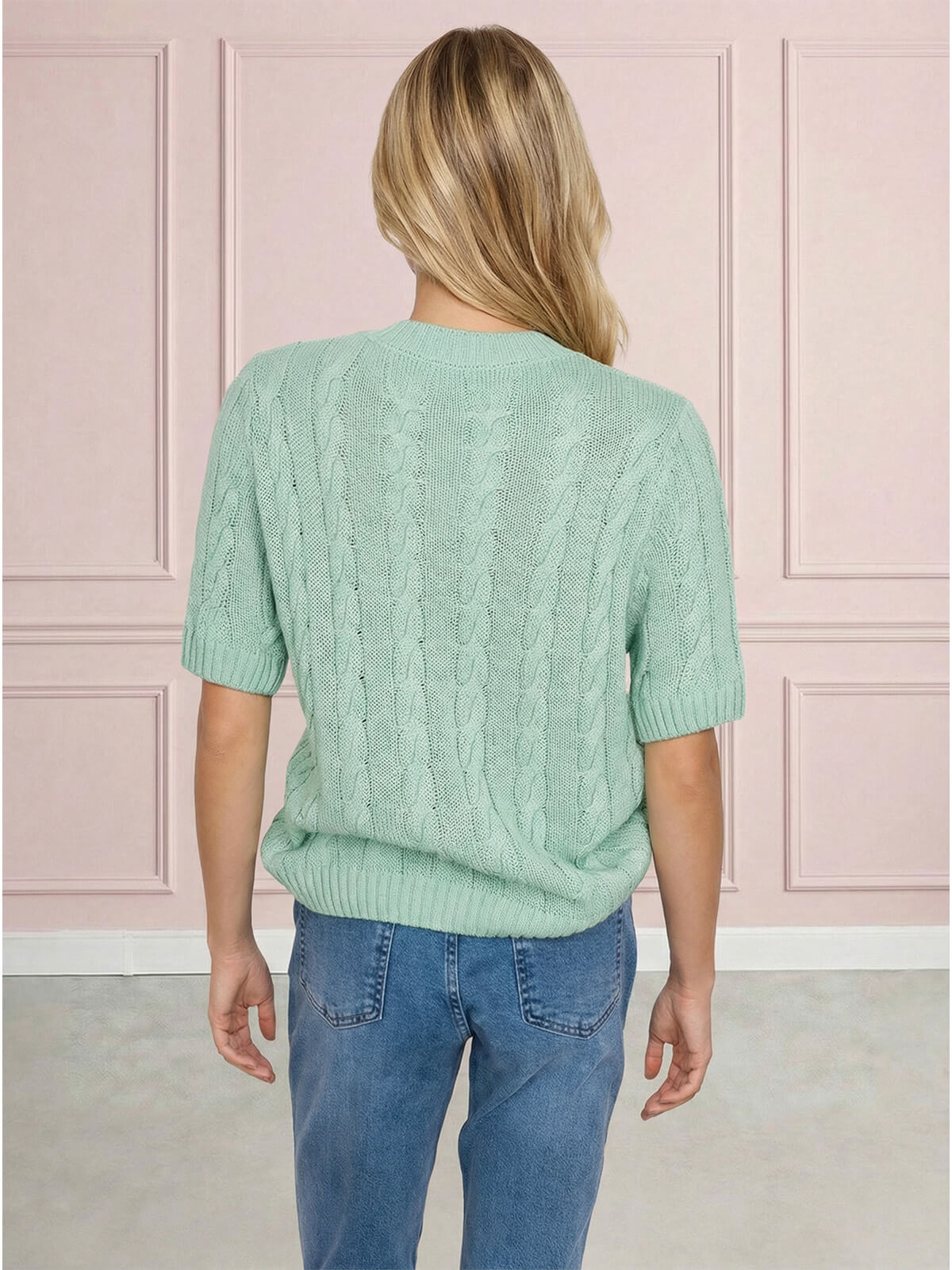Sweter damski warkocz z krótkim rękawem, bawełniany Miętowy - W260291 (3).jpg