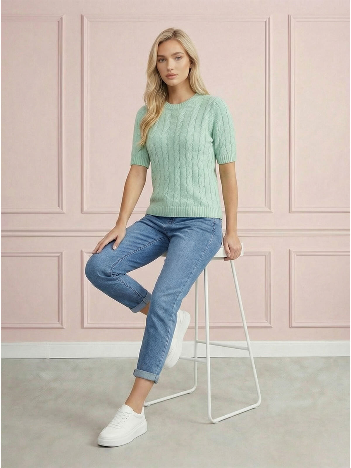 Sweter damski warkocz z krótkim rękawem, bawełniany Miętowy - W260291 (4).jpg