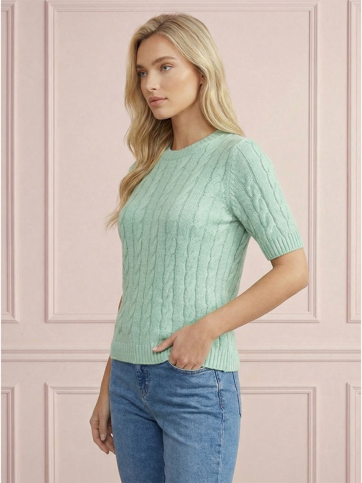 Sweter damski warkocz z krótkim rękawem, bawełniany Miętowy - W260291 (5).jpg