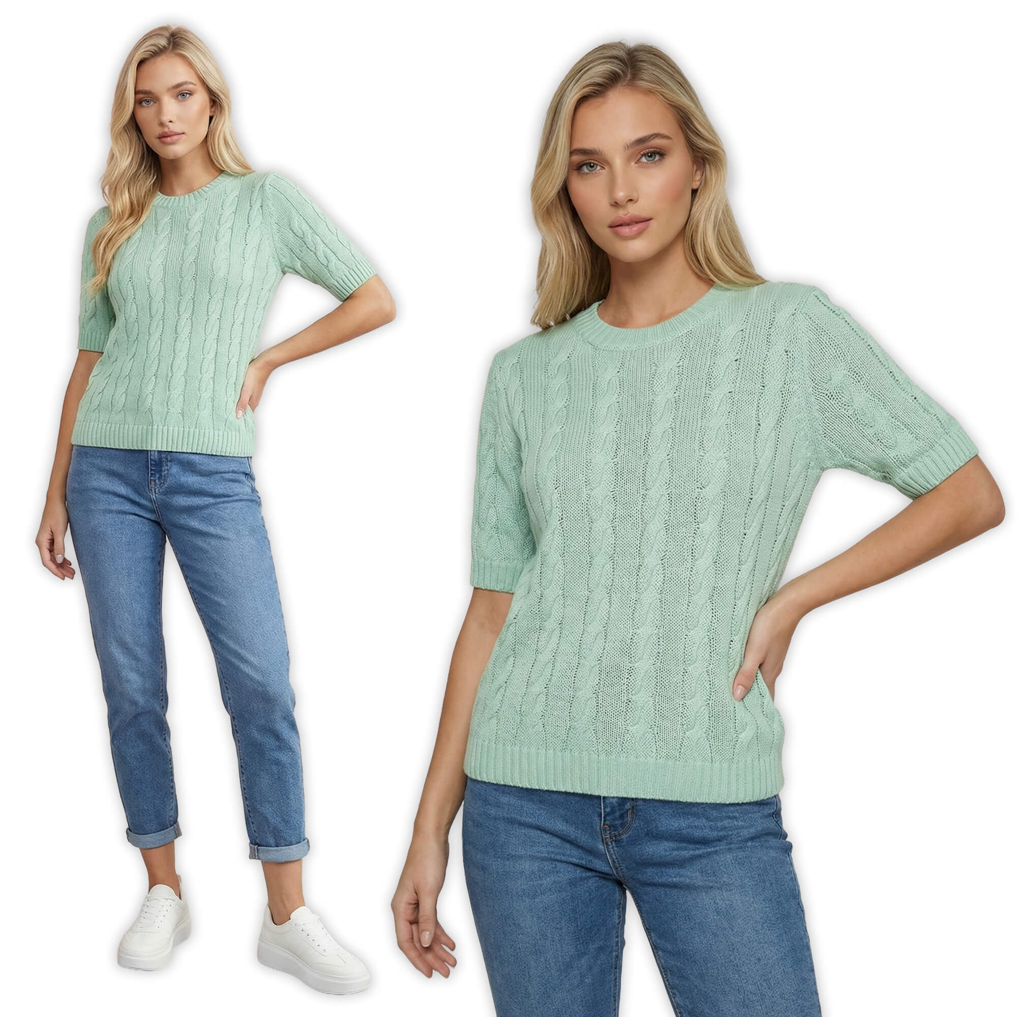 Sweter damski warkocz z krótkim rękawem, bawełniany Miętowy - W260291 (6).jpg