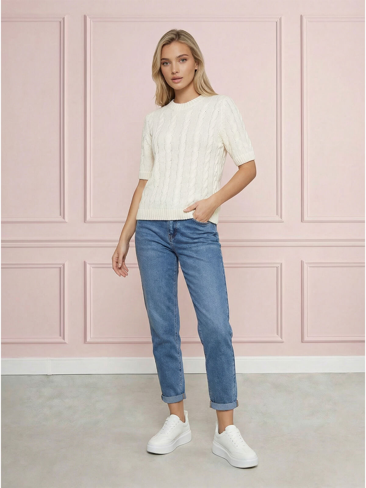 Sweter damski warkocz z krótkim rękawem, bawełniany Biały - W260291 (1).jpg