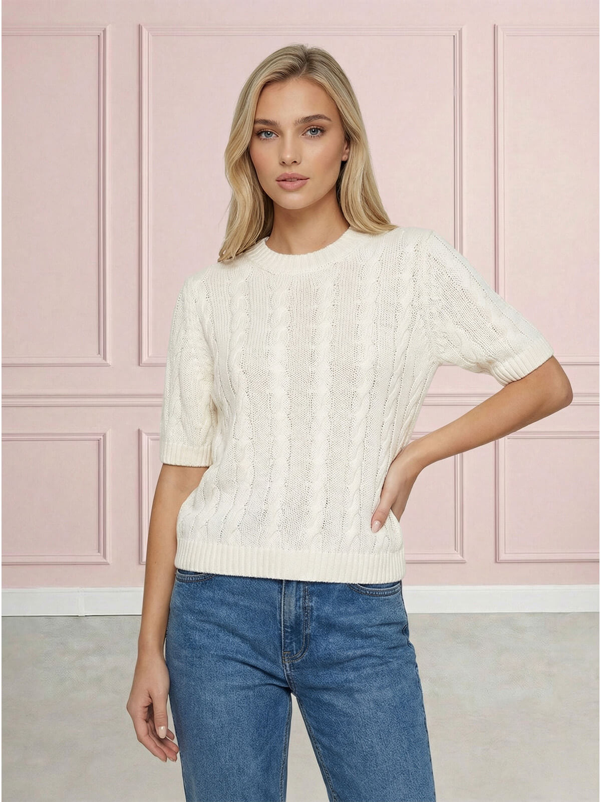 Sweter damski warkocz z krótkim rękawem, bawełniany Biały - W260291 (2).jpg