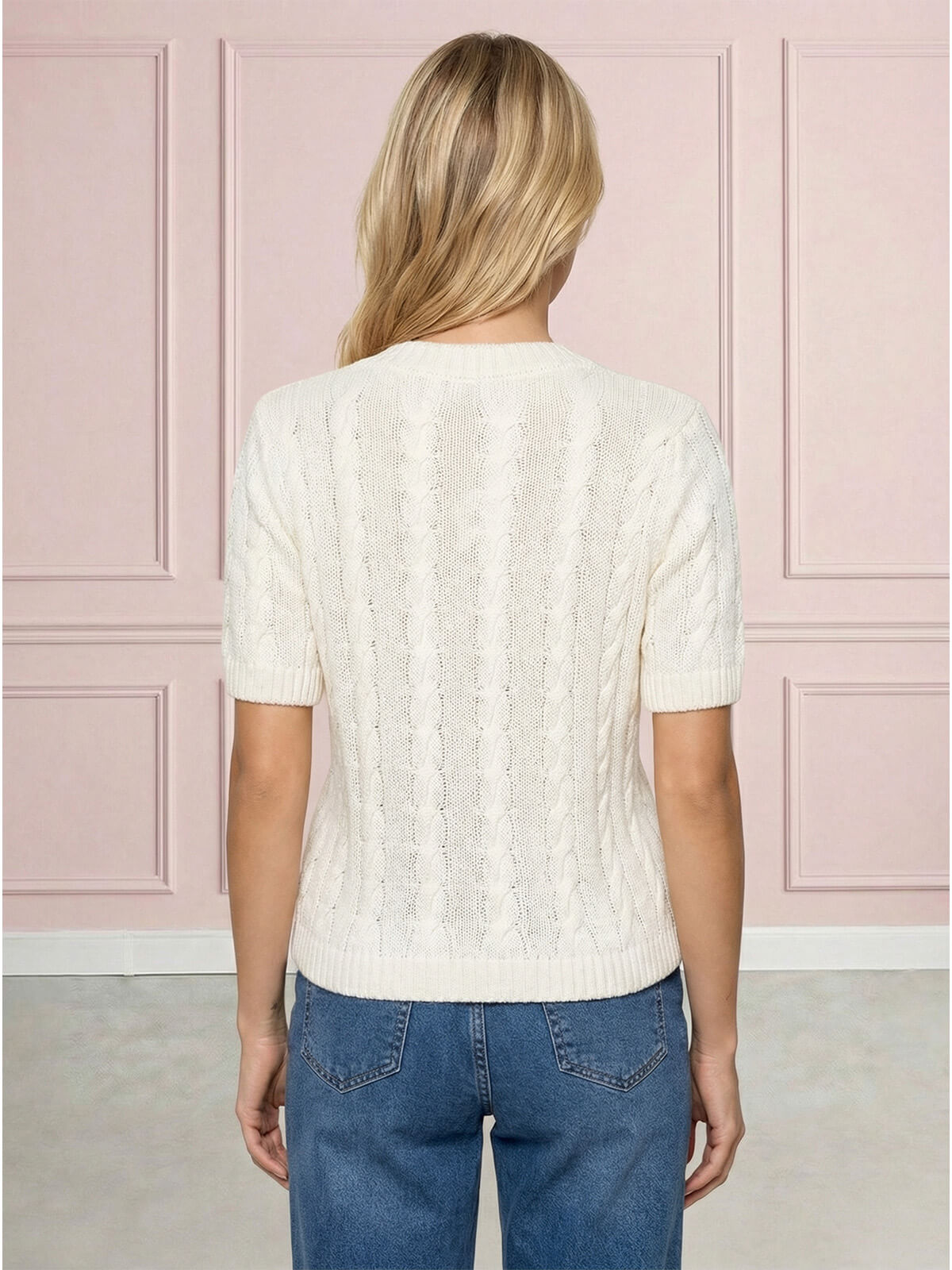 Sweter damski warkocz z krótkim rękawem, bawełniany Biały - W260291 (3).jpg