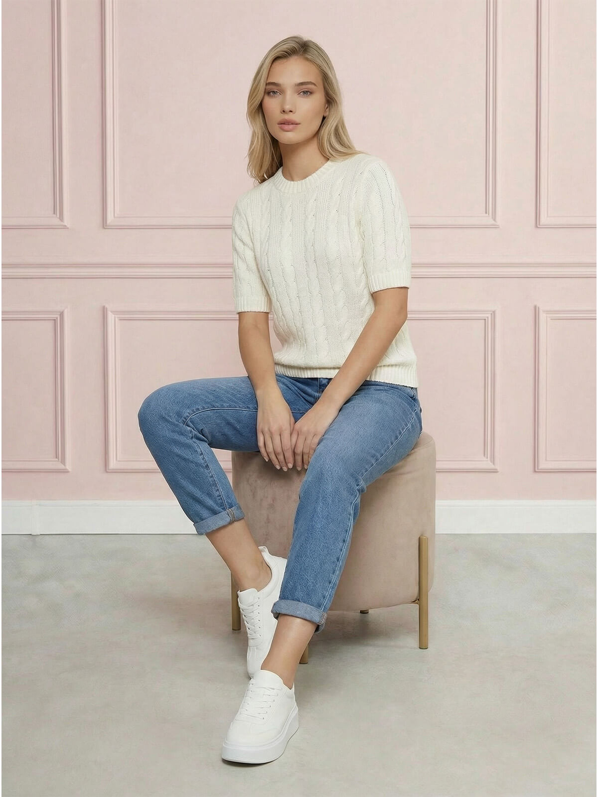 Sweter damski warkocz z krótkim rękawem, bawełniany Biały - W260291 (4).jpg
