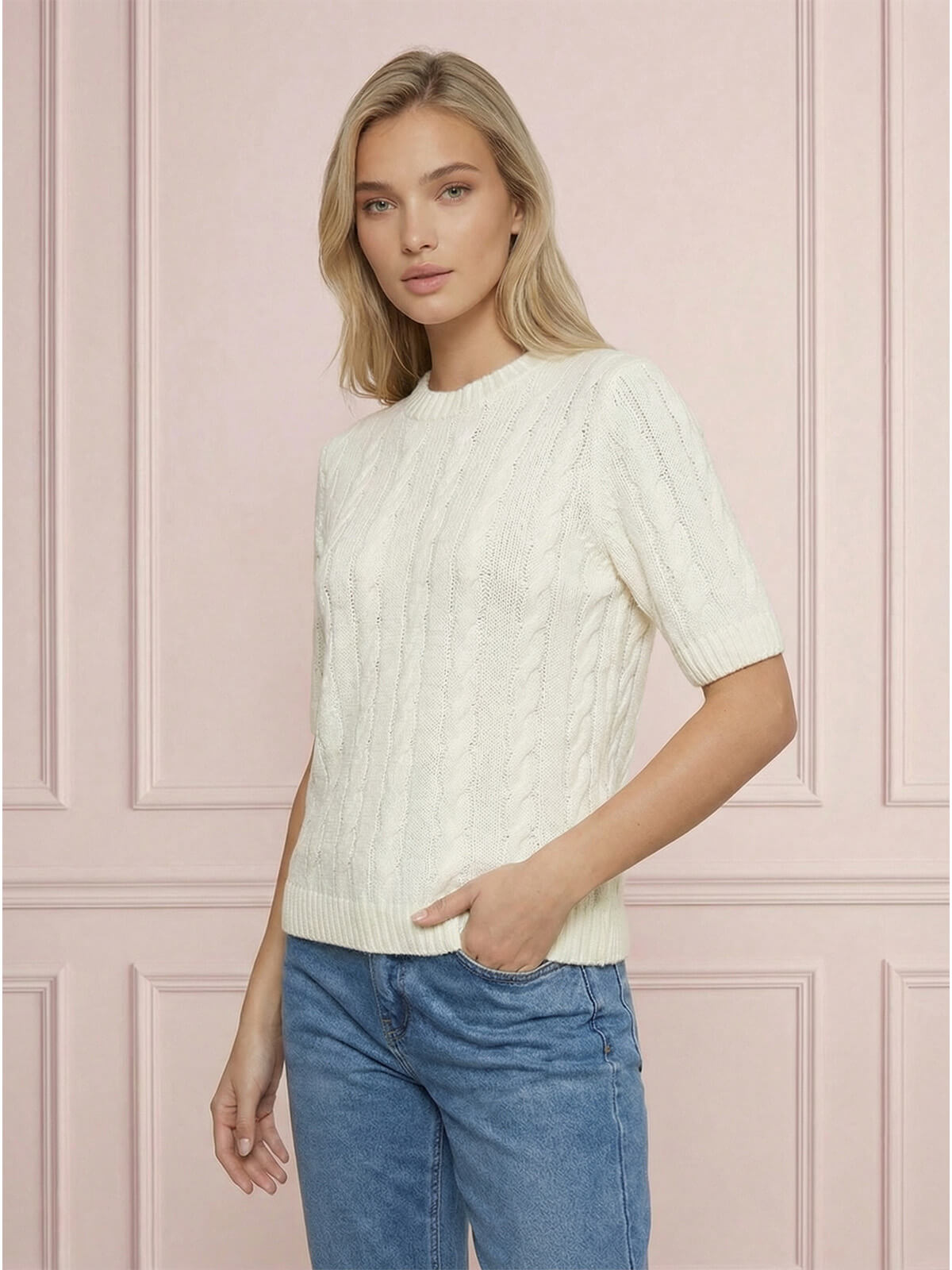 Sweter damski warkocz z krótkim rękawem, bawełniany Biały - W260291 (5).jpg
