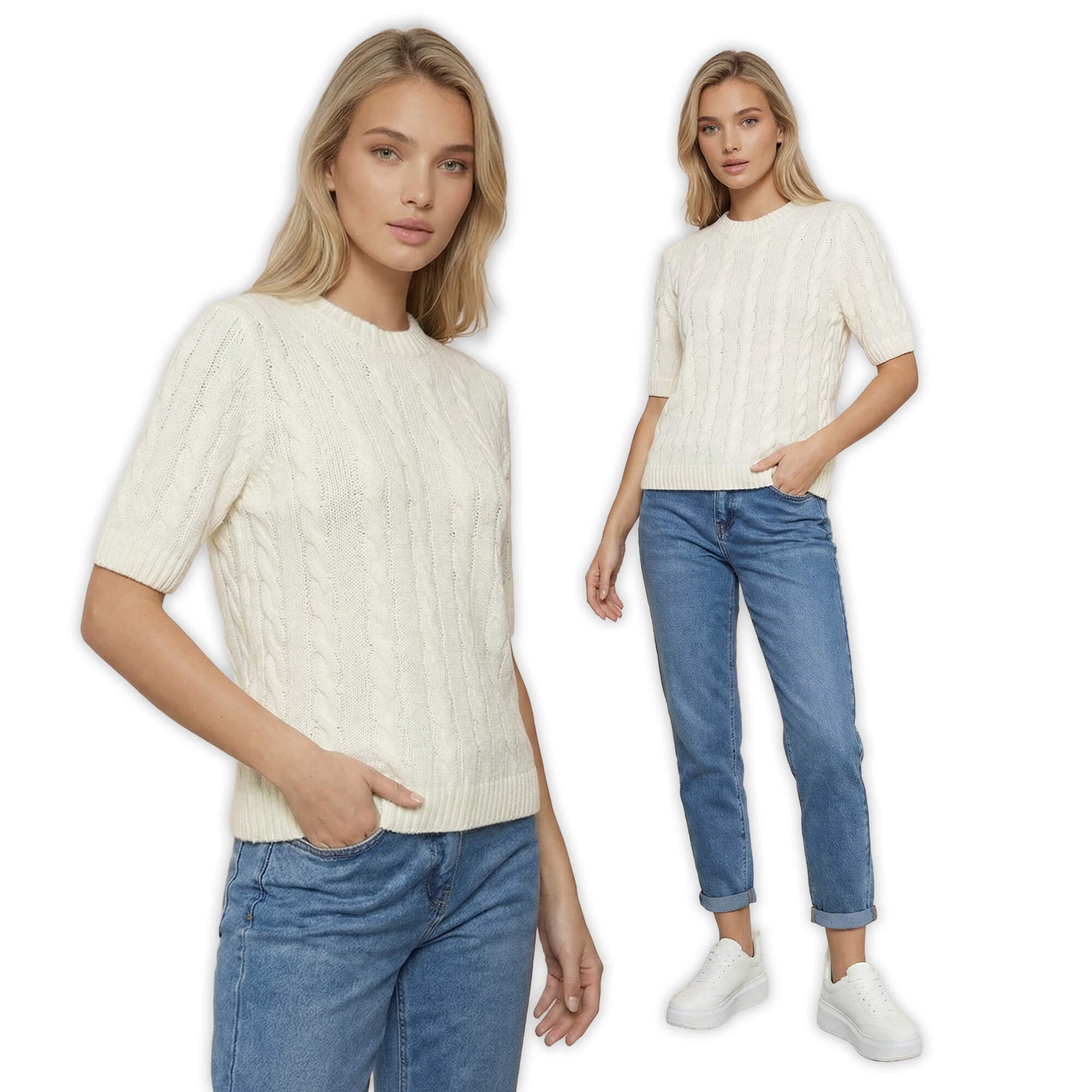 Sweter damski warkocz z krótkim rękawem, bawełniany Biały - W260291 (6).jpg