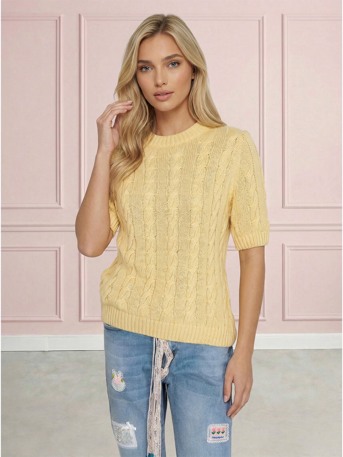 Sweter damski warkocz z krótkim rękawem, bawełniany Żółty - W260291 (2).jpg