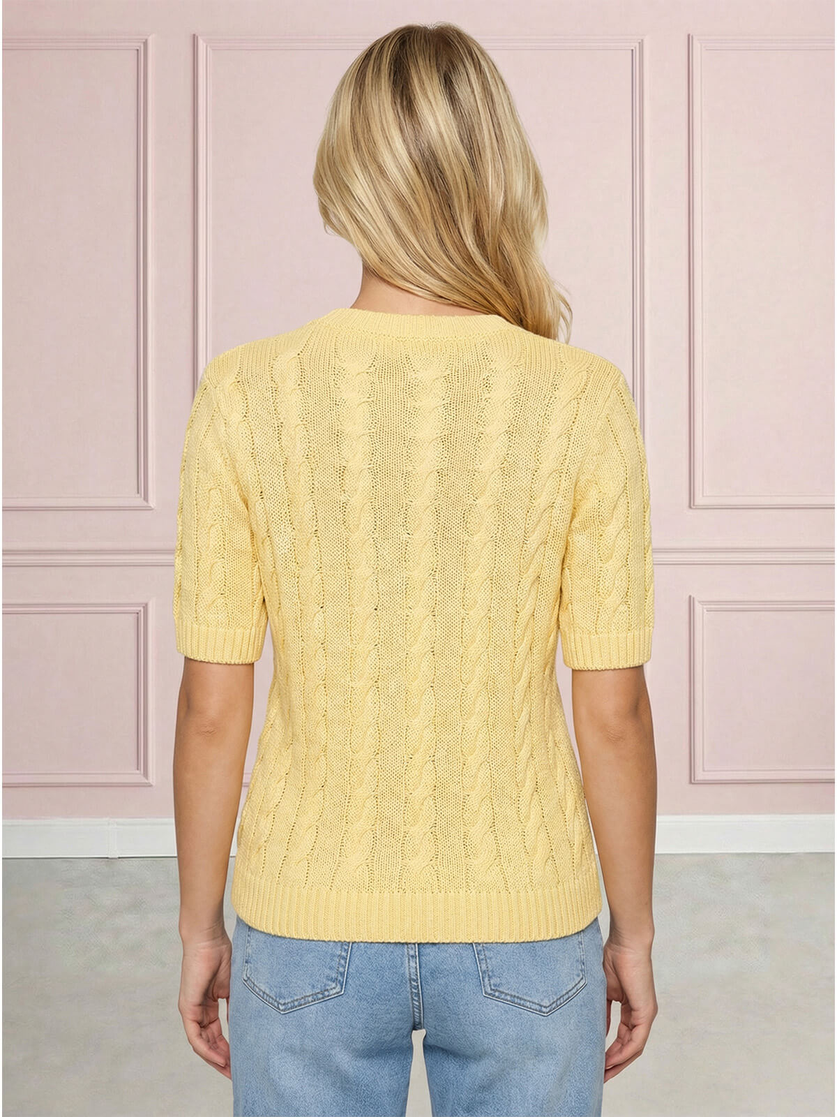 Sweter damski warkocz z krótkim rękawem, bawełniany Żółty - W260291 (3).jpg