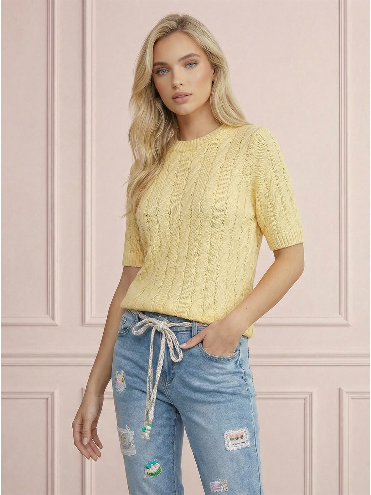 Sweter damski warkocz z krótkim rękawem, bawełniany Żółty - W260291 (4).jpg