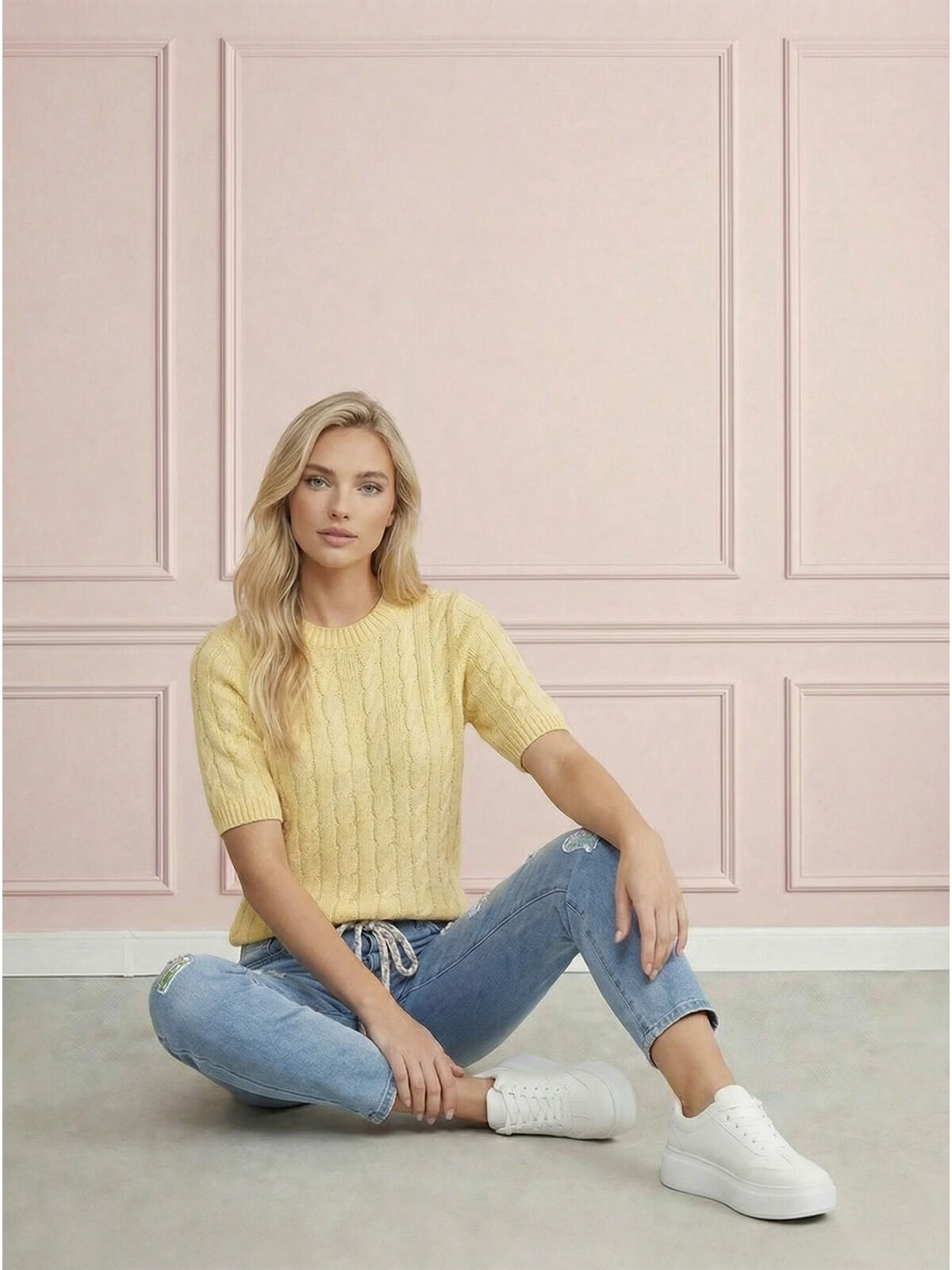 Sweter damski warkocz z krótkim rękawem, bawełniany Żółty - W260291 (5).jpg