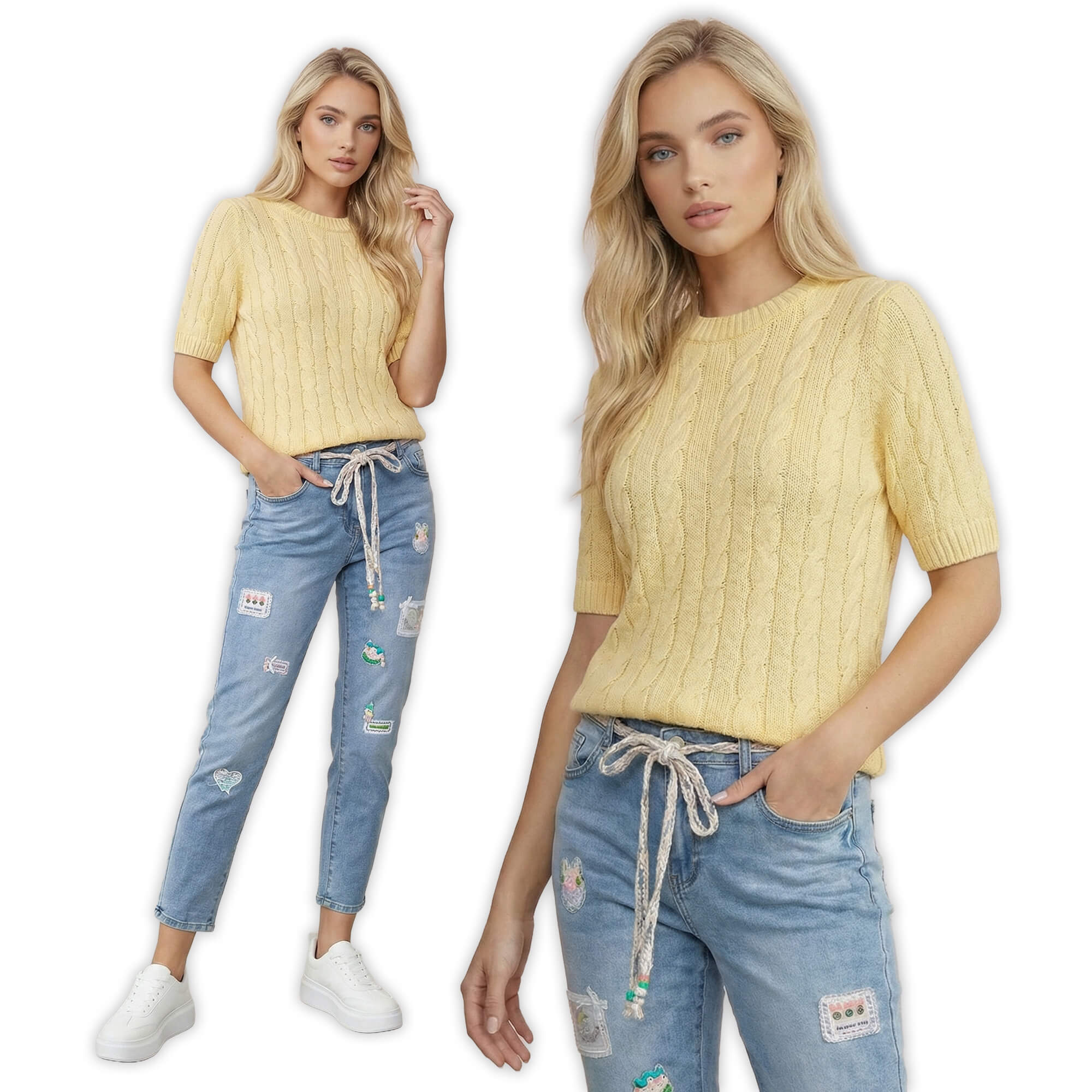 Sweter damski warkocz z krótkim rękawem, bawełniany Żółty - W260291 (6).jpg