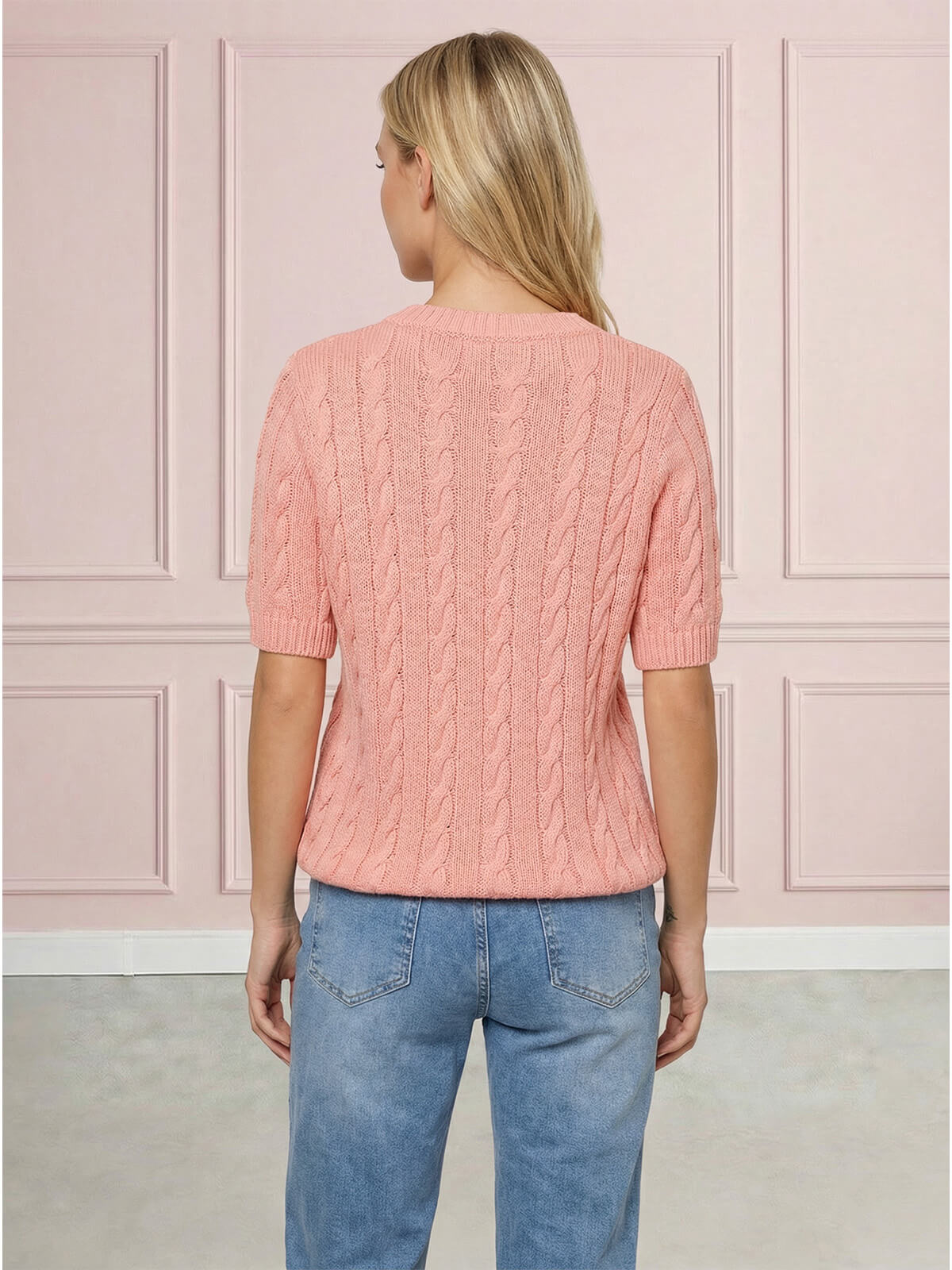 Sweter damski warkocz z krótkim rękawem, bawełniany Koral - W260291 (3).jpg