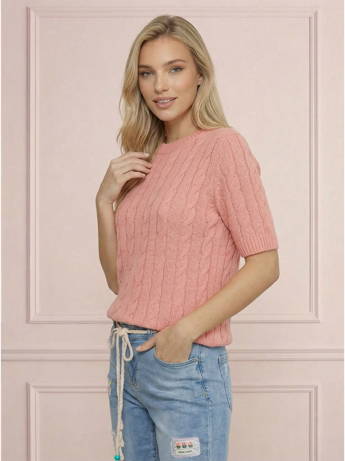 Sweter damski warkocz z krótkim rękawem, bawełniany Koral - W260291 (4).jpg