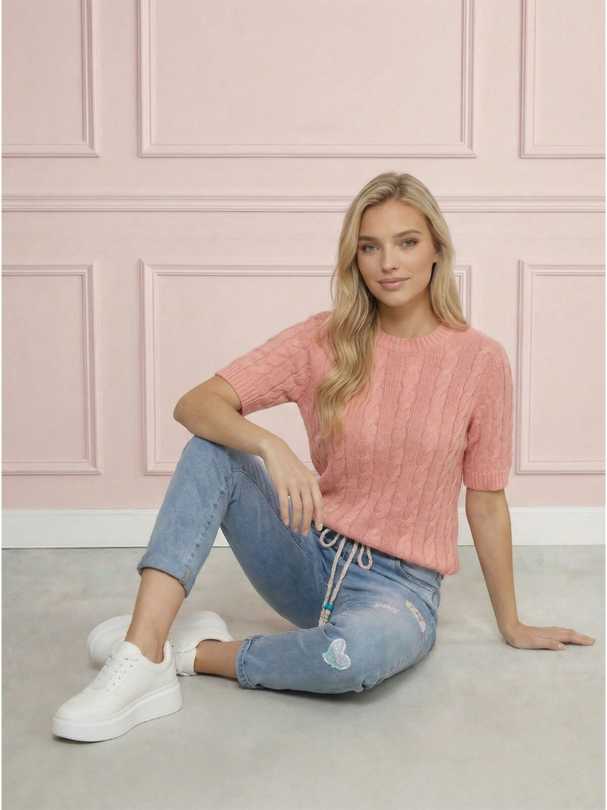 Sweter damski warkocz z krótkim rękawem, bawełniany Koral - W260291 (5).jpg