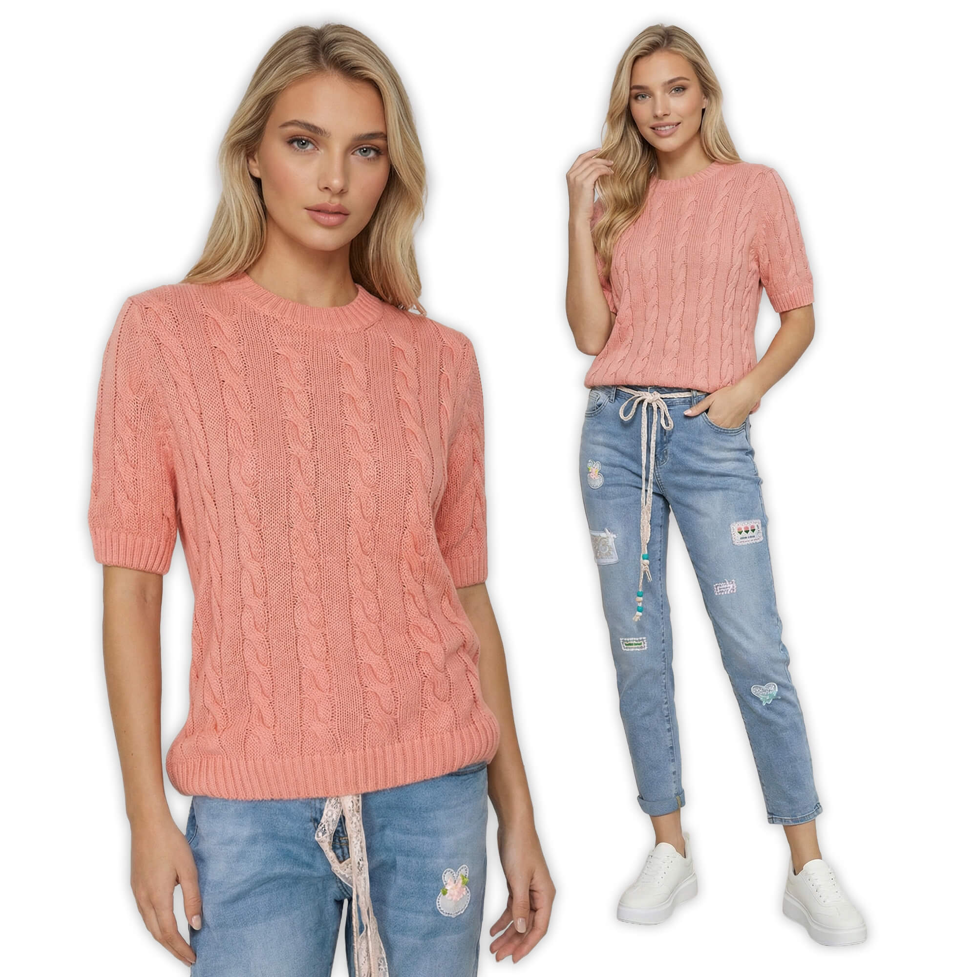 Sweter damski warkocz z krótkim rękawem, bawełniany Koral - W260291 (6).jpg