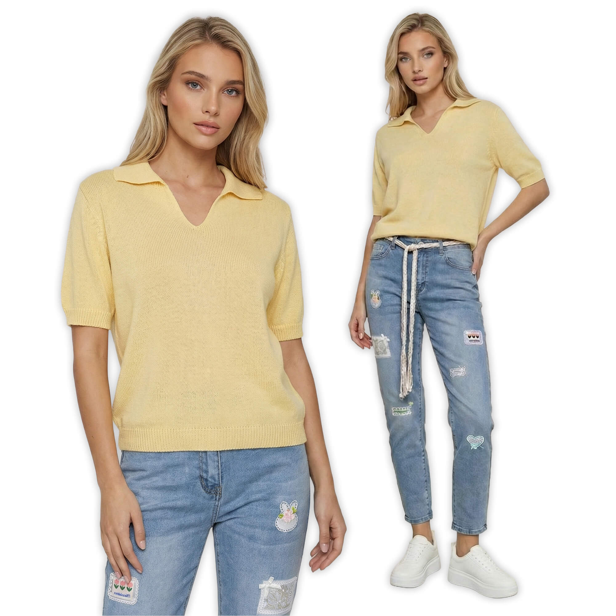 Sweter damski z krótkim rękawem i dekoltem V z kołnierzykiem Żółty - W260296  (6).jpg